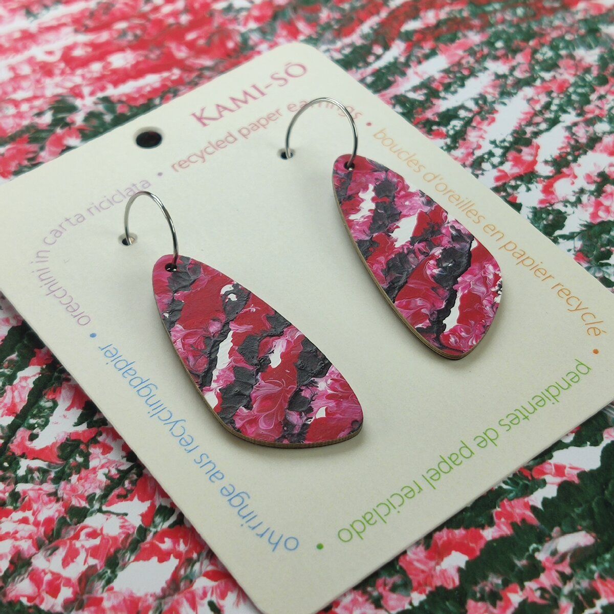 Oval Recycled Paper Earrings - Red, Black & White