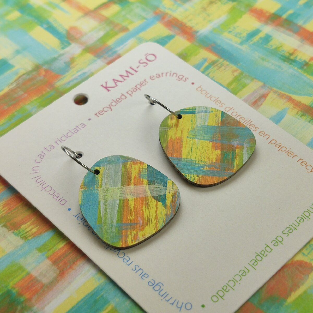 Square Recycled Paper Earrings - Yellow, Orange & Blue