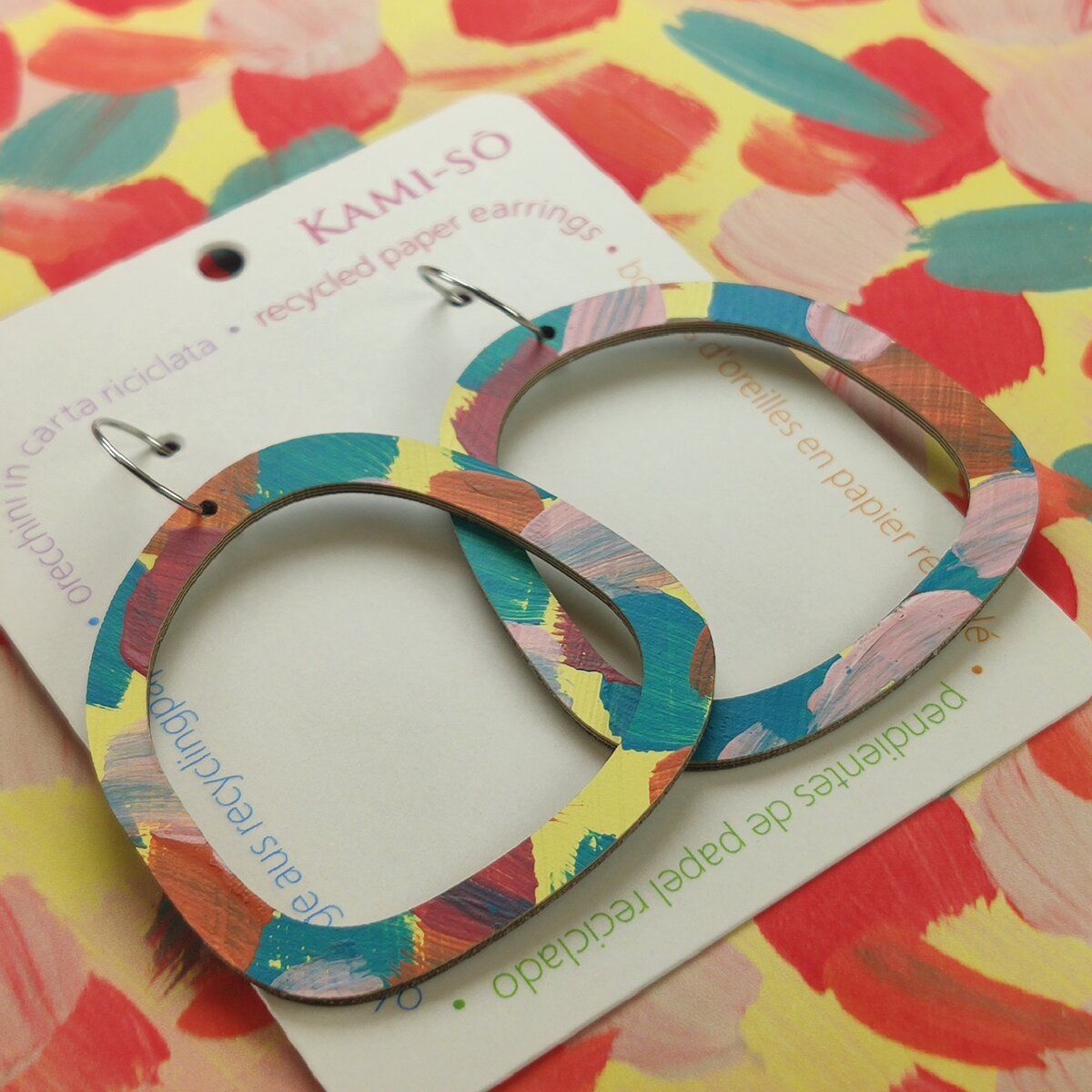 Square Recycled Paper Earrings - Yellow, Blue & Orange