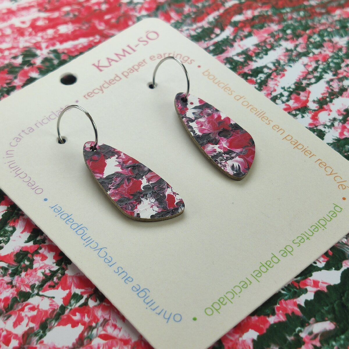 Oval Recycled Paper Earrings - Red, Black & White