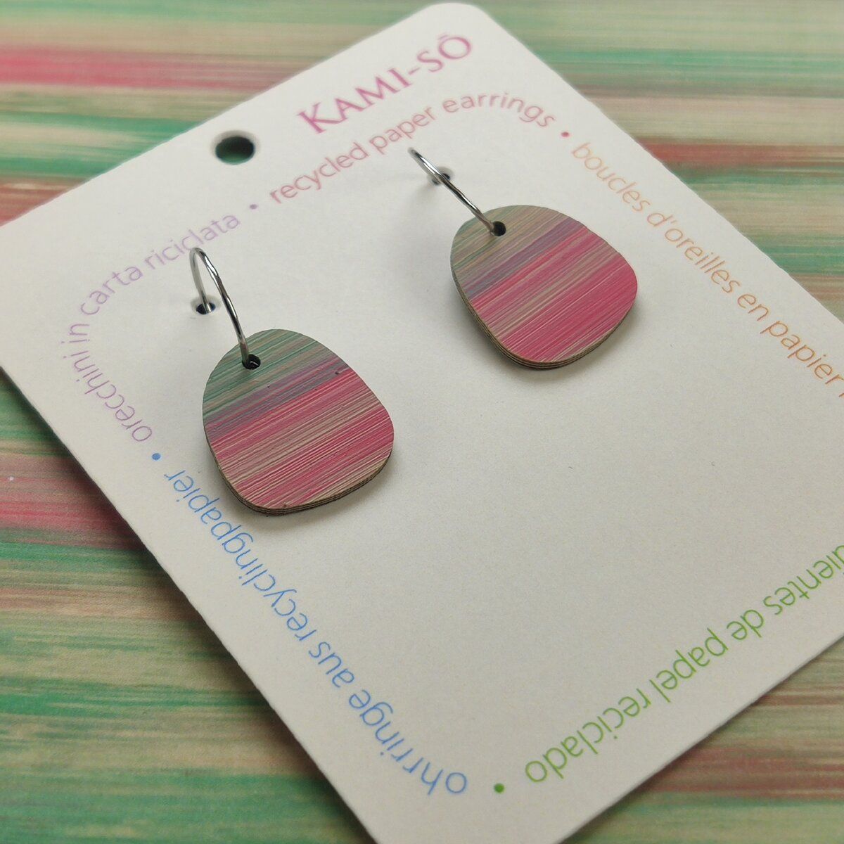 Square Recycled Paper Earrings - Light Brown, Green & Pink