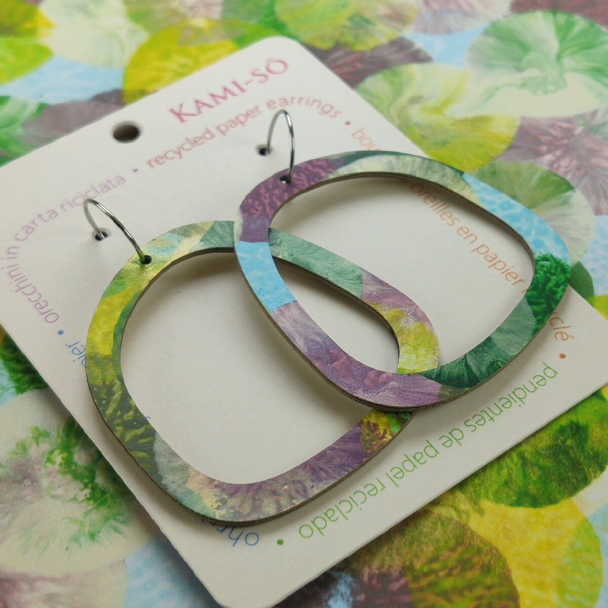 Square Recycled Paper Earrings - Green, Lilac & Blue