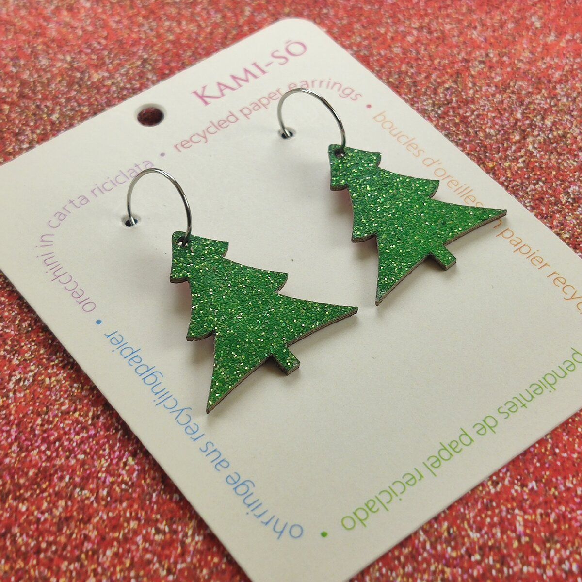 Christmas Tree Recycled Paper Earrings - Red Sparkle / Green Sparkle