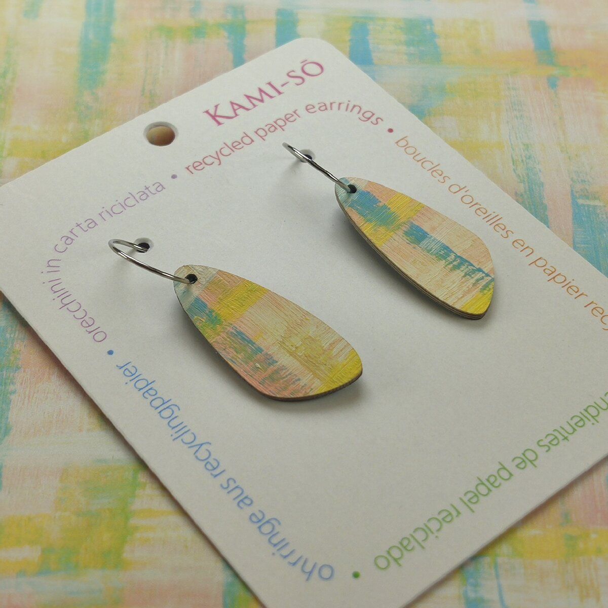 Oval Recycled Paper Earrings - Pale Orange & Blue