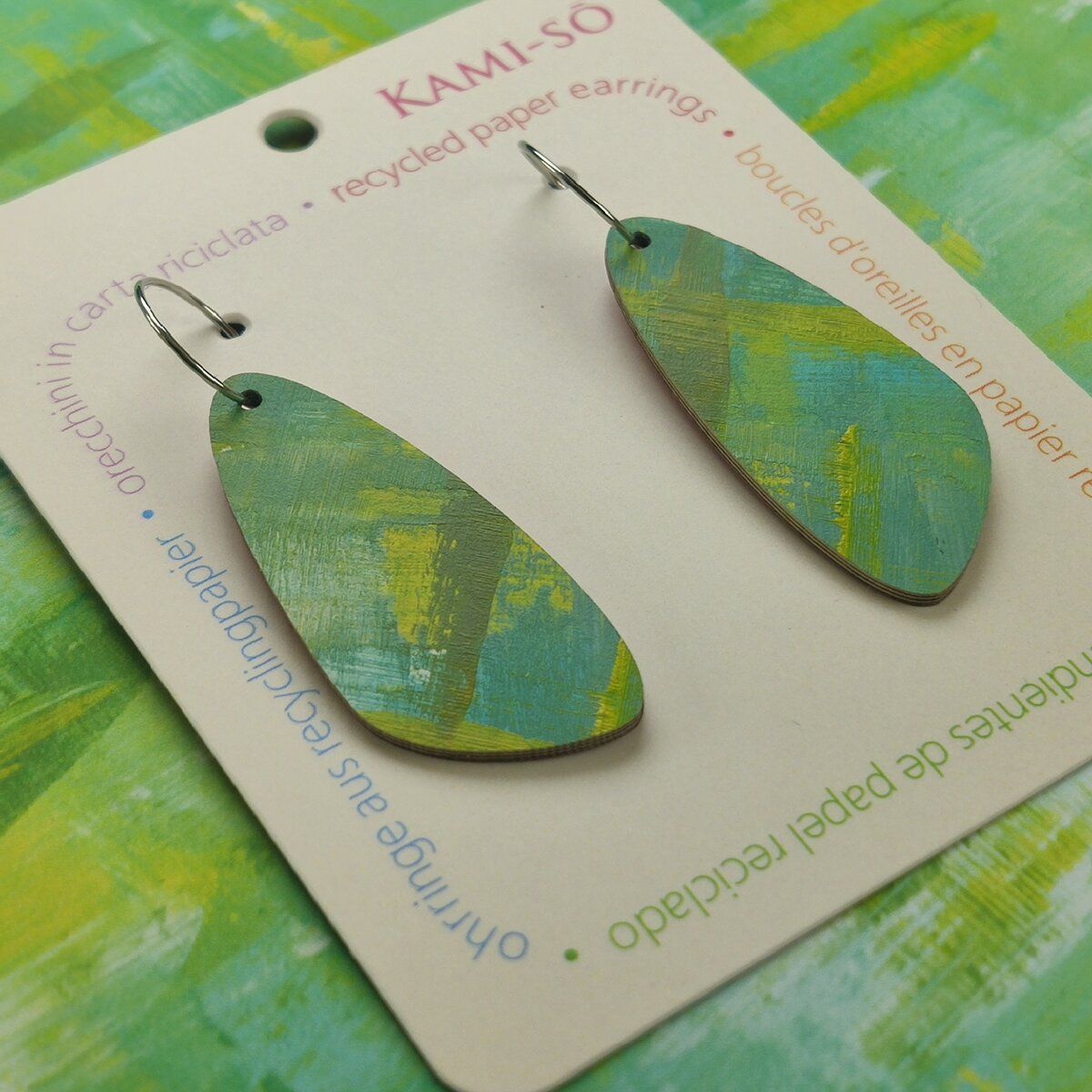 Oval Recycled Paper Earrings - Green, Yellow & White