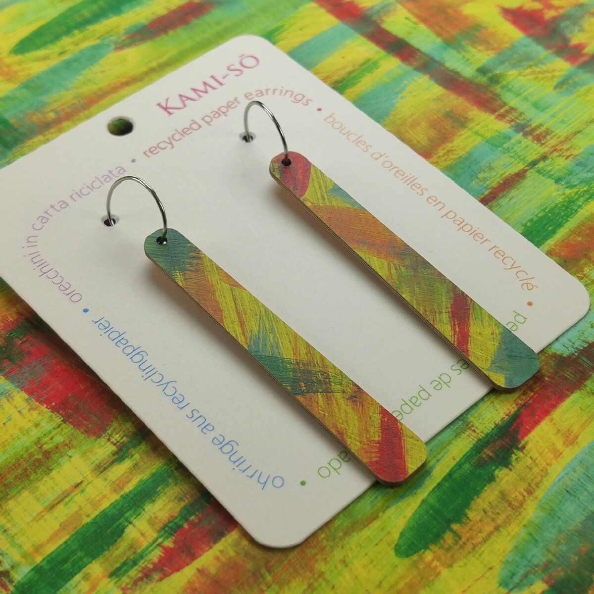 Paddle Recycled Paper Earrings - Yellow, Orange, Blue & Red