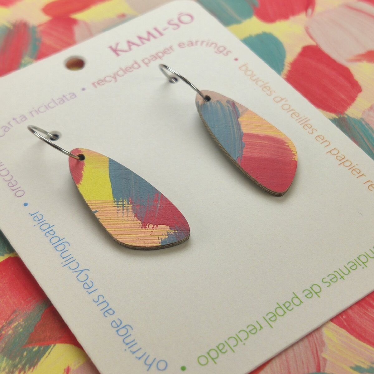 Oval Recycled Paper Earrings - Yellow, Red & Blue