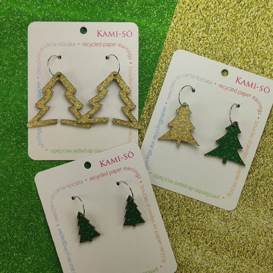 Christmas Tree Recycled Paper Earrings - Green Sparkle / Gold Sparkle