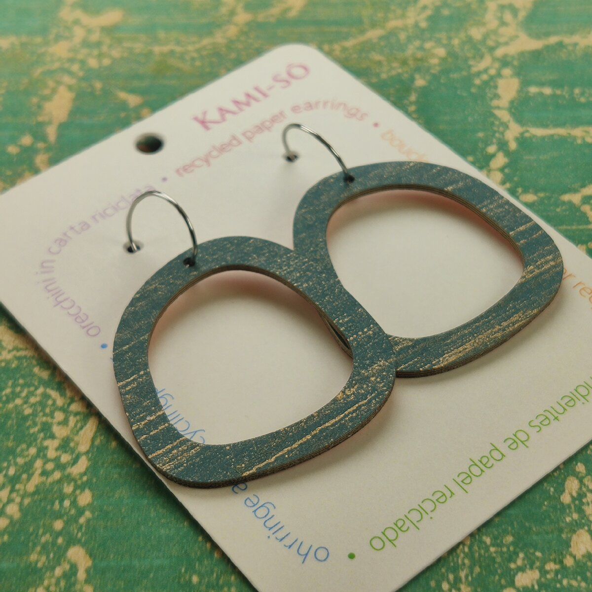 Square Recycled Paper Earrings - Blue & Gold