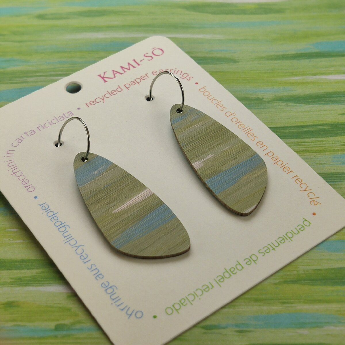 Oval Recycled Paper Earrings - Khaki & Blue
