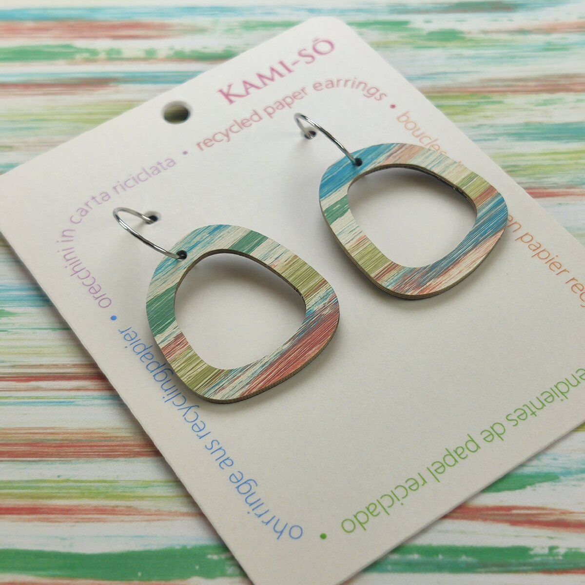 Mini Recycled Paper Earrings - Green, Blue & Orange
