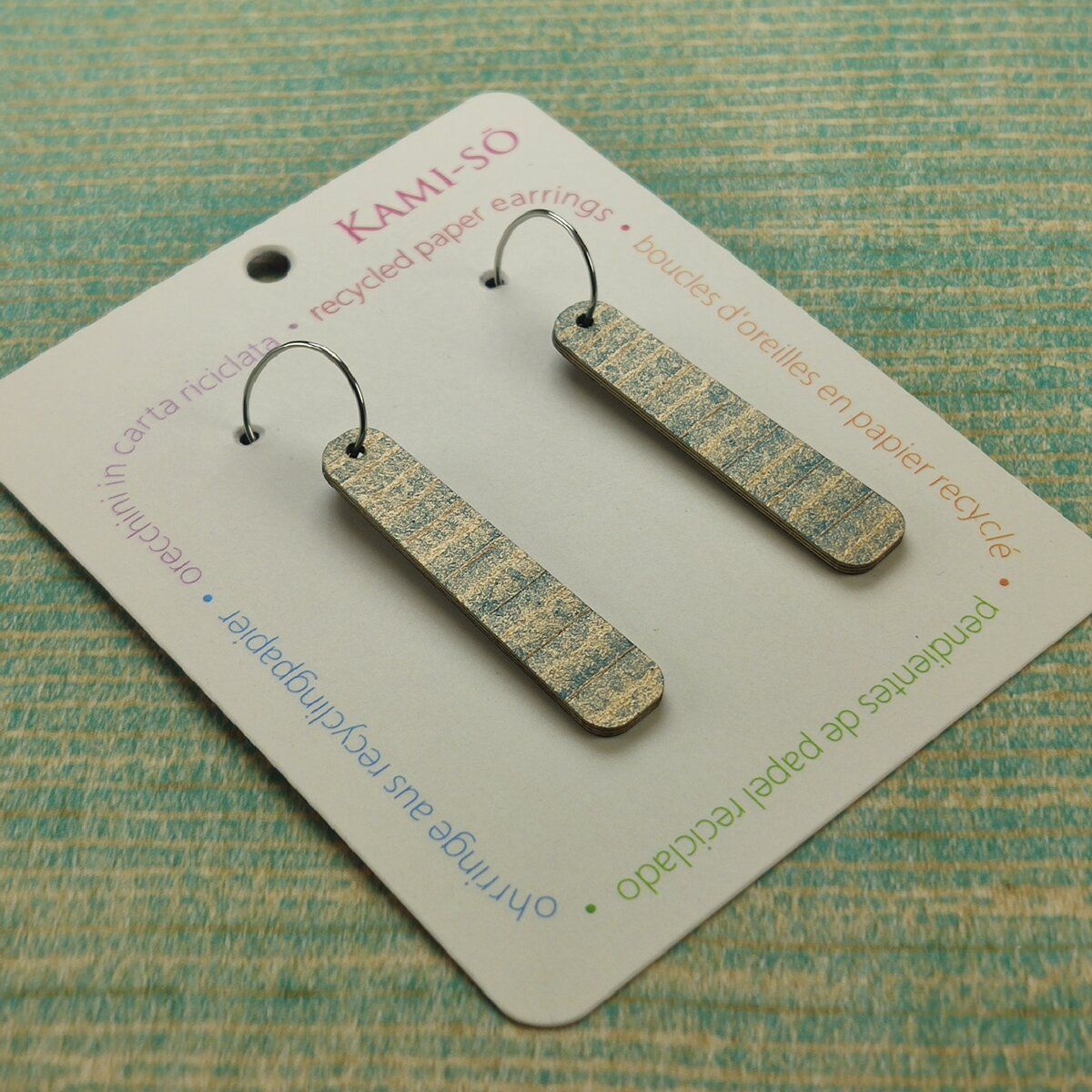 Paddle Recycled Paper Earrings - Blue & Gold Striipe