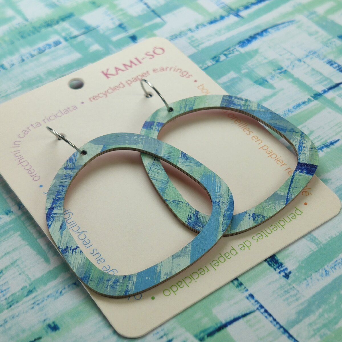 Square Recycled Paper Earrings - Green & Blue