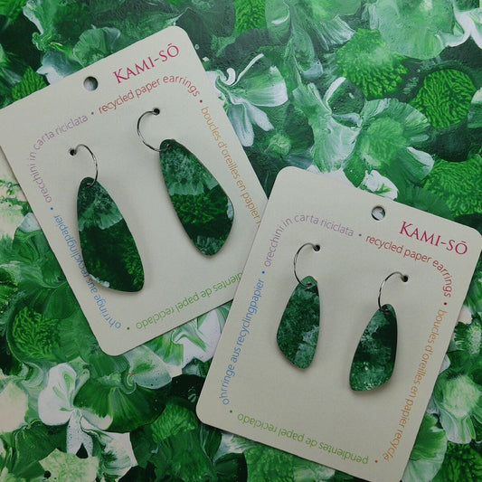 Oval Recycled Paper Earrings - Green & White