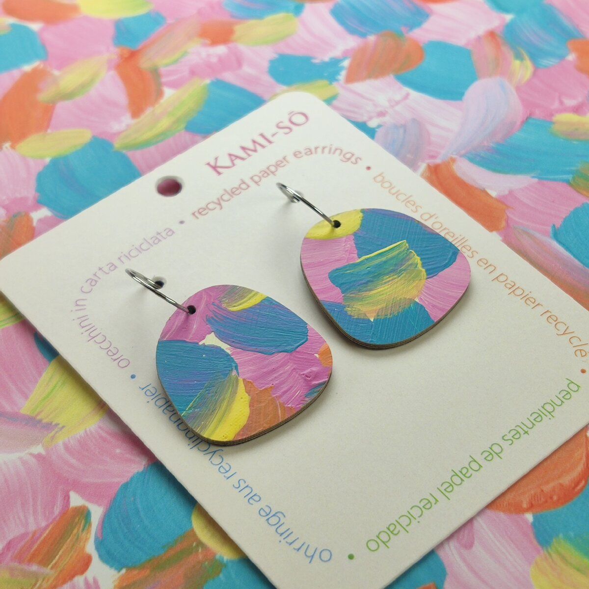 Square Recycled Paper Earrings - Pink, Blue & Yellow