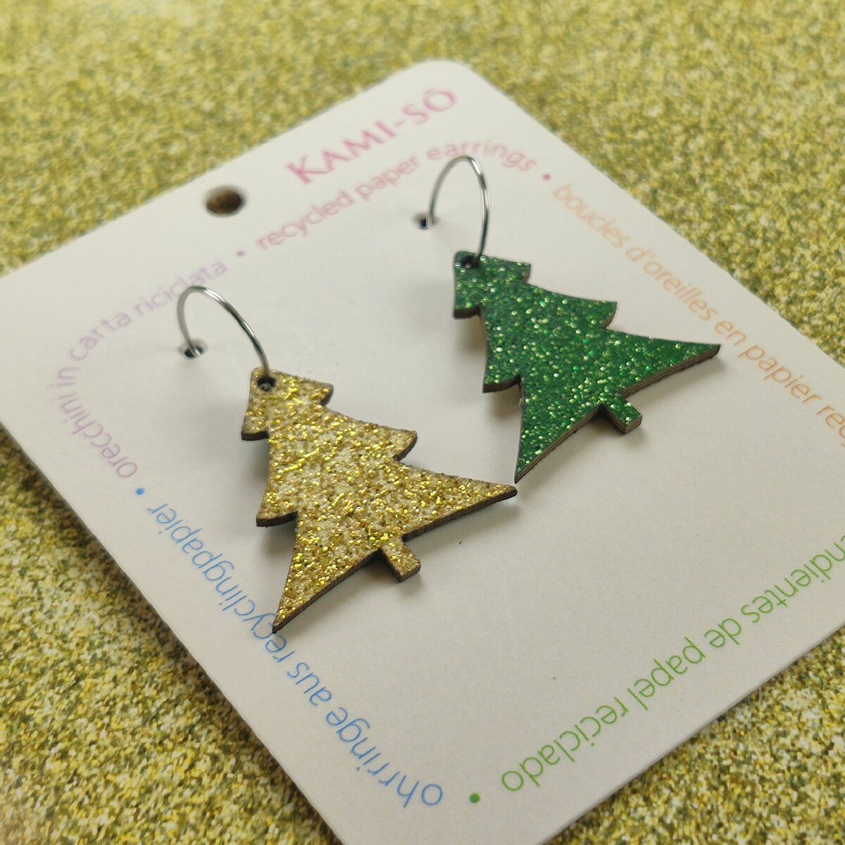 Christmas Tree Recycled Paper Earrings - Green Sparkle / Gold Sparkle