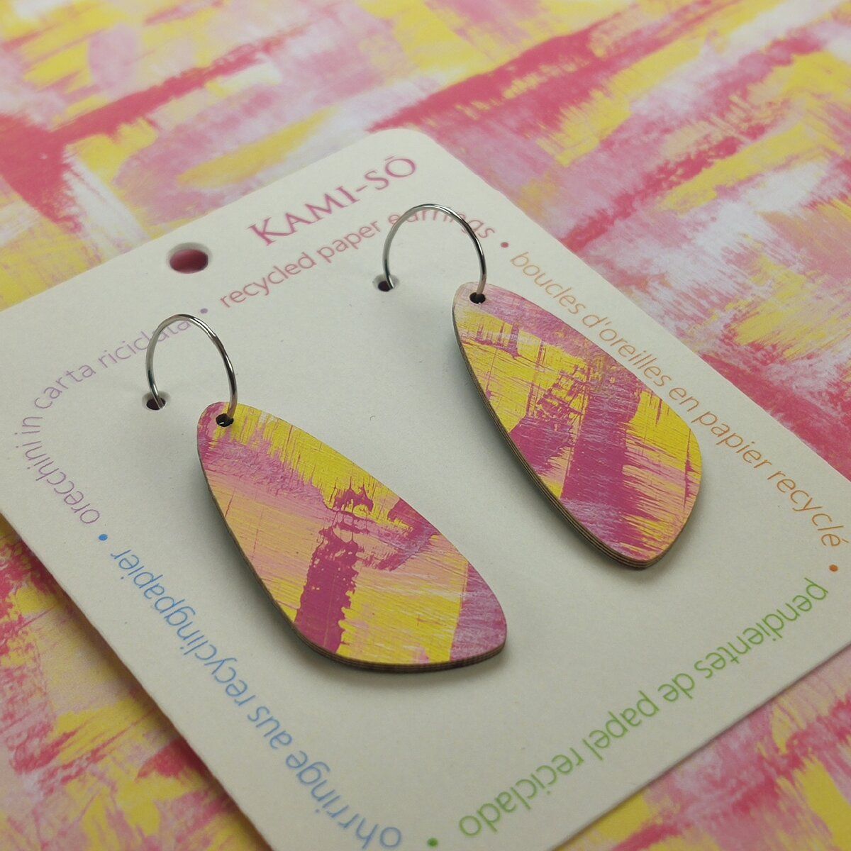 Oval Recycled Paper Earrings - Pink & Yellow