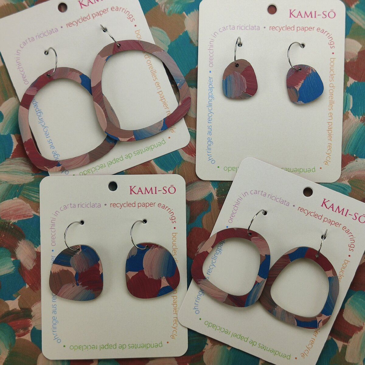 Square Recycled Paper Earrings - Brown, Maroon & Blue