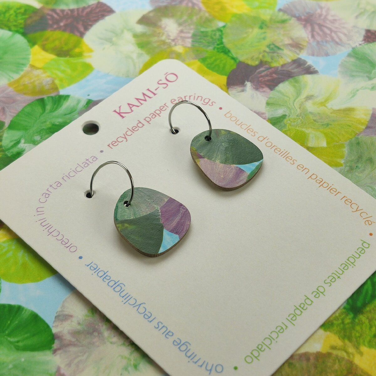 Square Recycled Paper Earrings - Green, Lilac & Blue