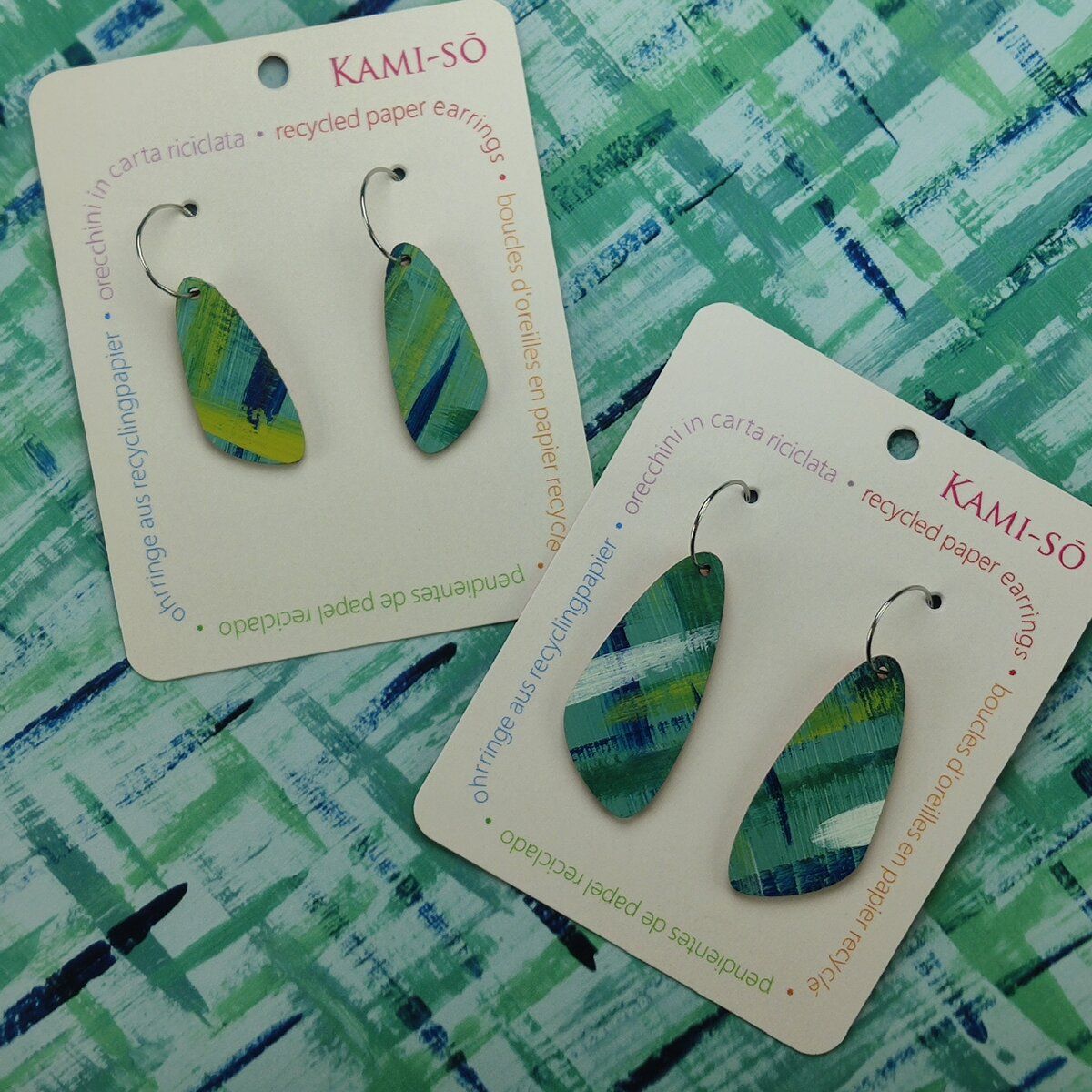 Oval Recycled Paper Earrings - Teal, Yellow, White & Blue