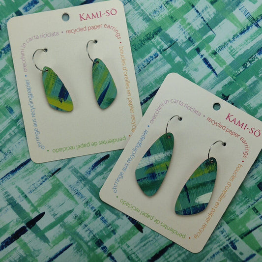 Oval Recycled Paper Earrings - Teal, Yellow, White & Blue