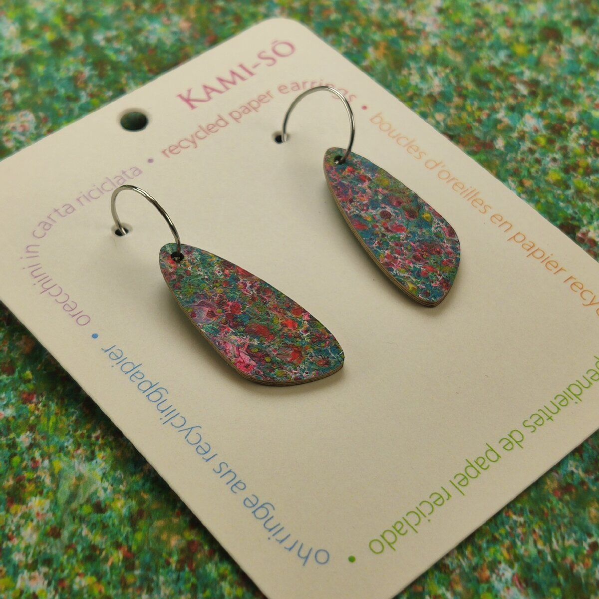 Oval Recycled Paper Earrings - Green & Pink Speckle
