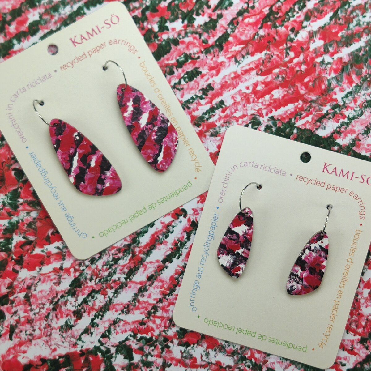 Oval Recycled Paper Earrings - Red, Black & White