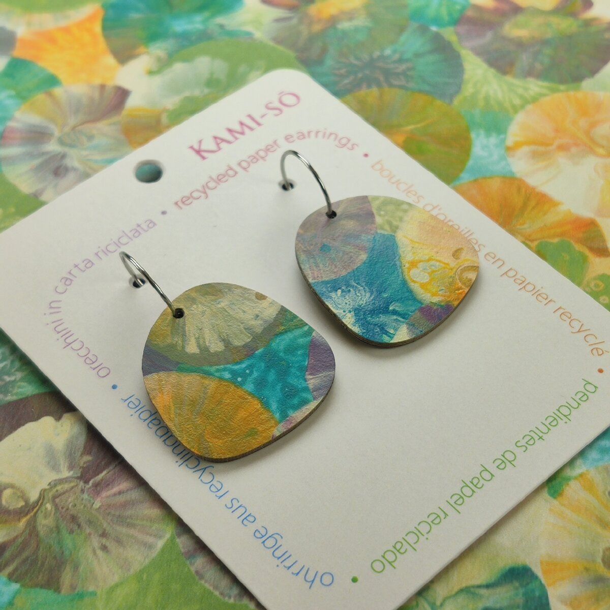 Square Recycled Paper Earrings - Teal, Orange & Lilac