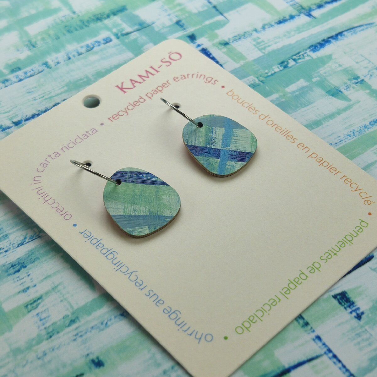 Square Recycled Paper Earrings - Green & Blue