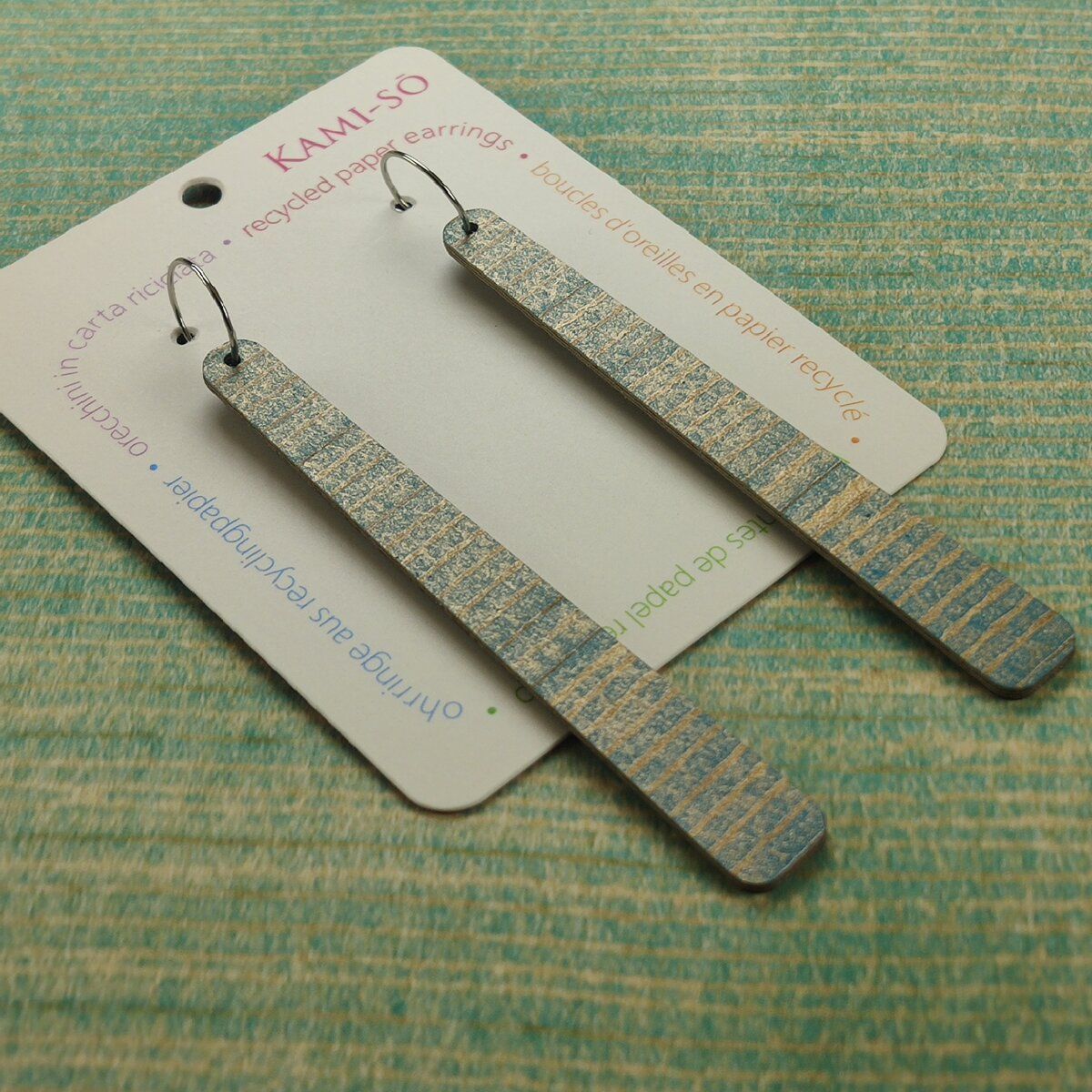 Paddle Recycled Paper Earrings - Blue & Gold Striipe