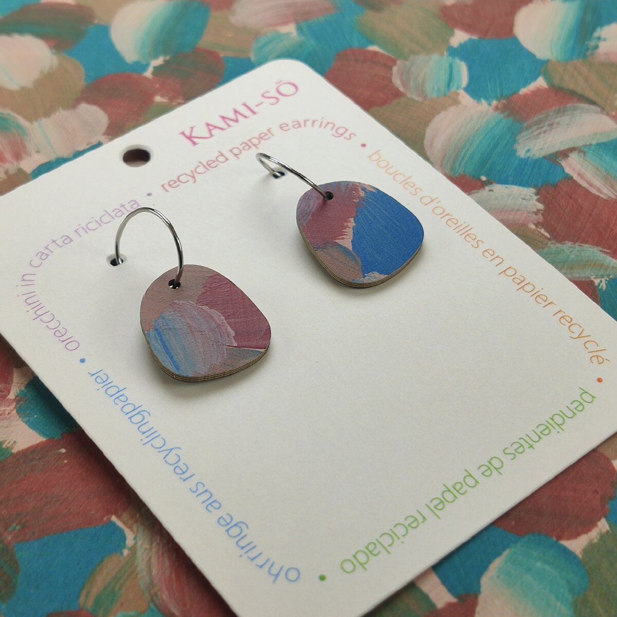 Square Recycled Paper Earrings - Brown, Maroon & Blue