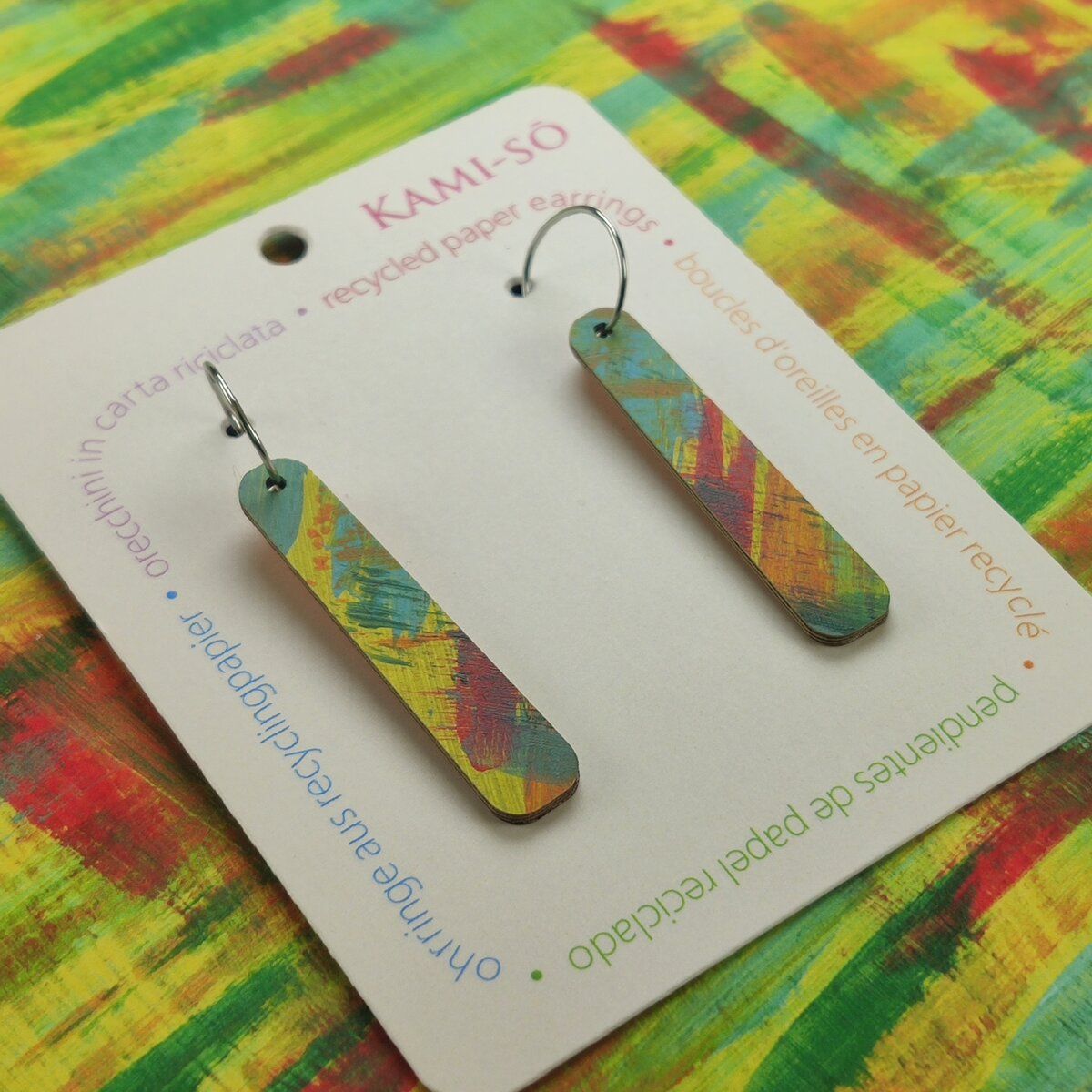 Paddle Recycled Paper Earrings - Yellow, Orange, Blue & Red