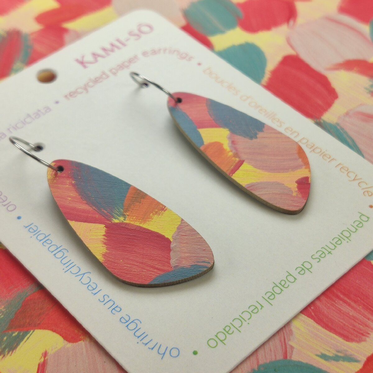 Oval Recycled Paper Earrings - Yellow, Red & Blue