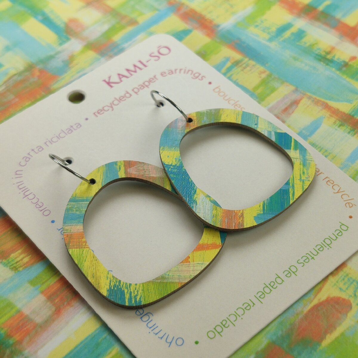 Square Recycled Paper Earrings - Yellow, Orange & Blue