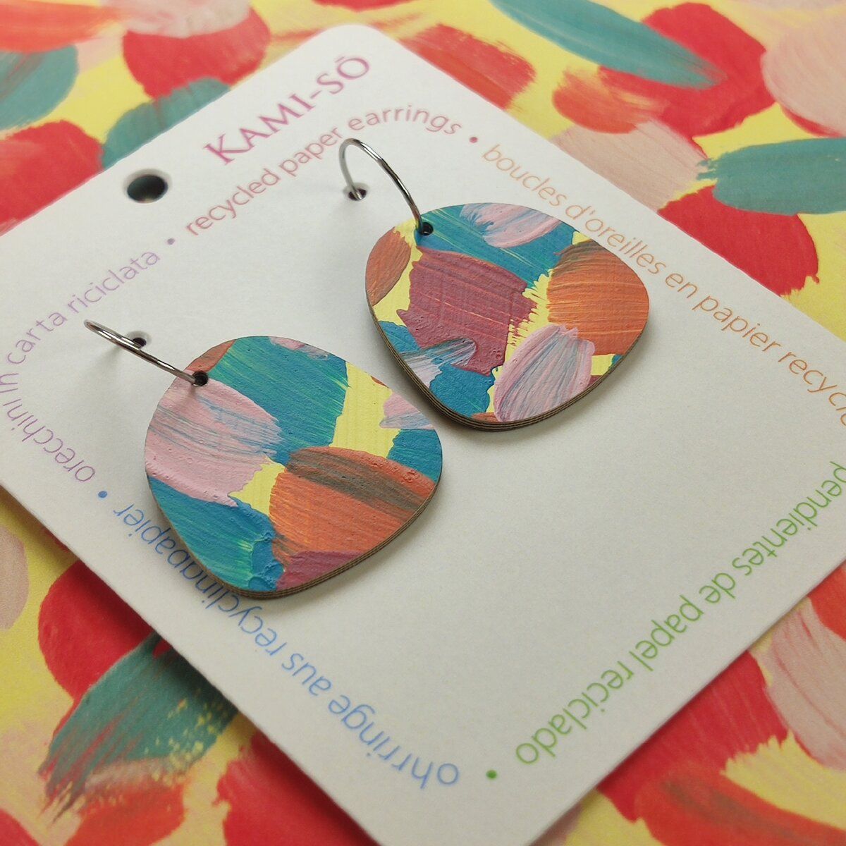 Square Recycled Paper Earrings - Yellow, Blue & Orange