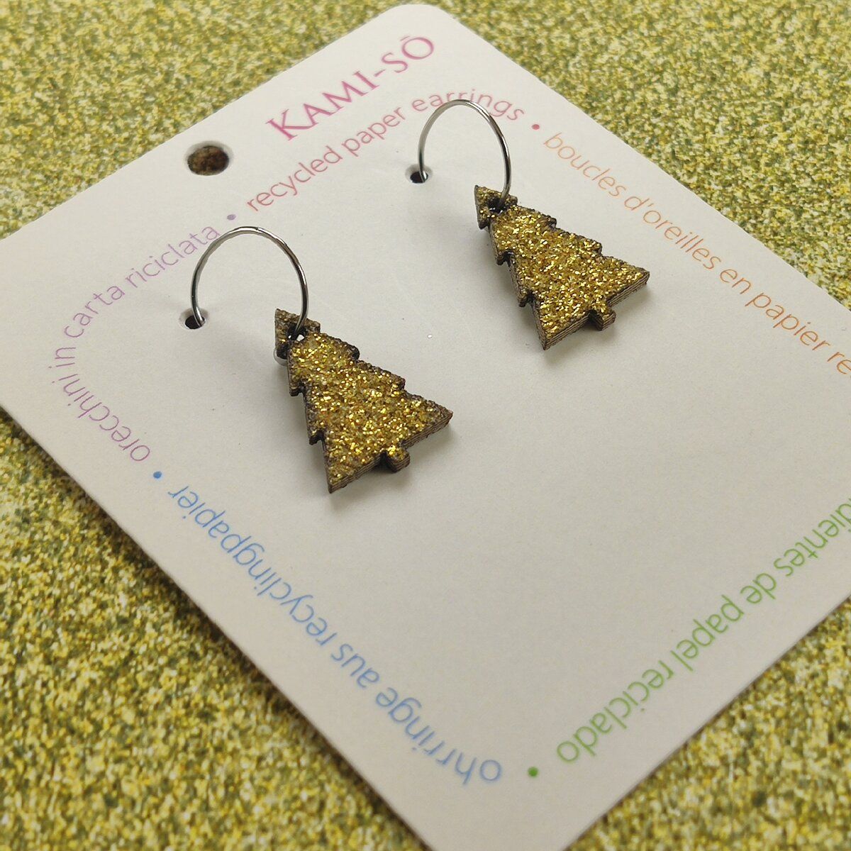 Christmas Tree Recycled Paper Earrings - Silver Sparkle / Gold Sparkle