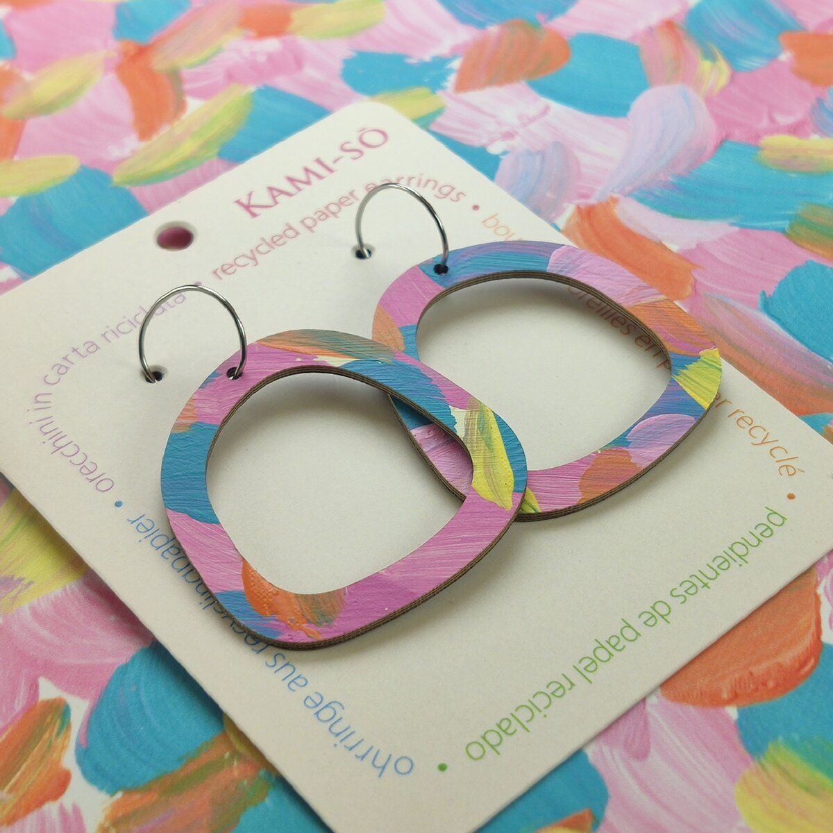 Square Recycled Paper Earrings - Pink, Blue & Yellow