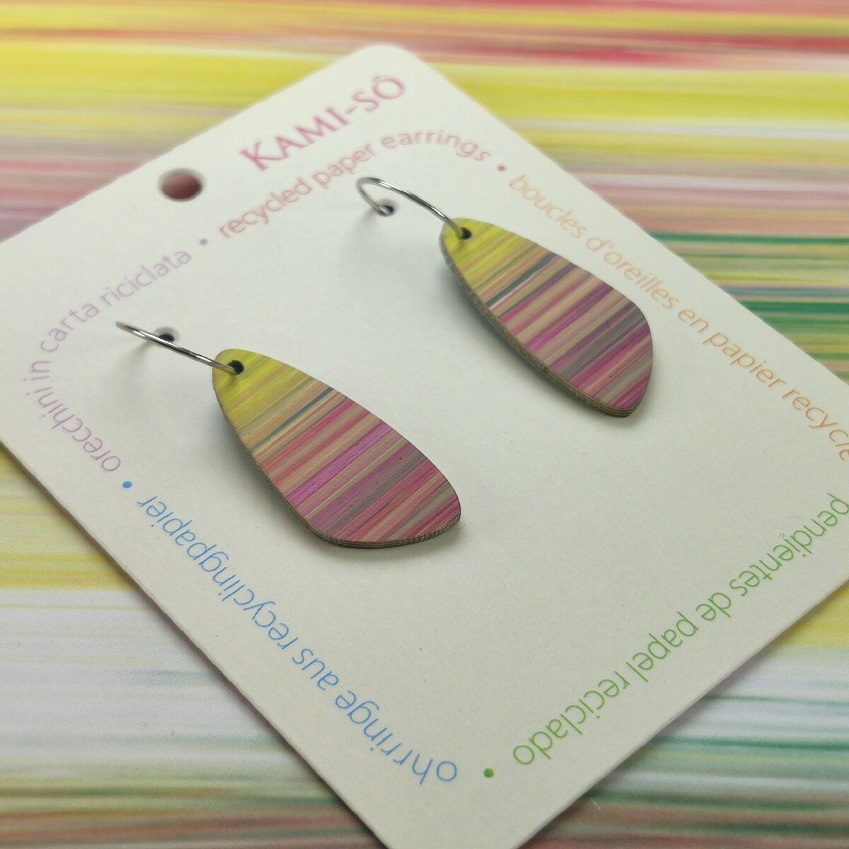 Oval Recycled Paper Earrings - Green & Magenta Stripe