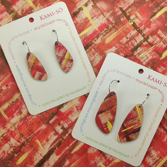 Oval Recycled Paper Earrings - Red, Brown & Yellow