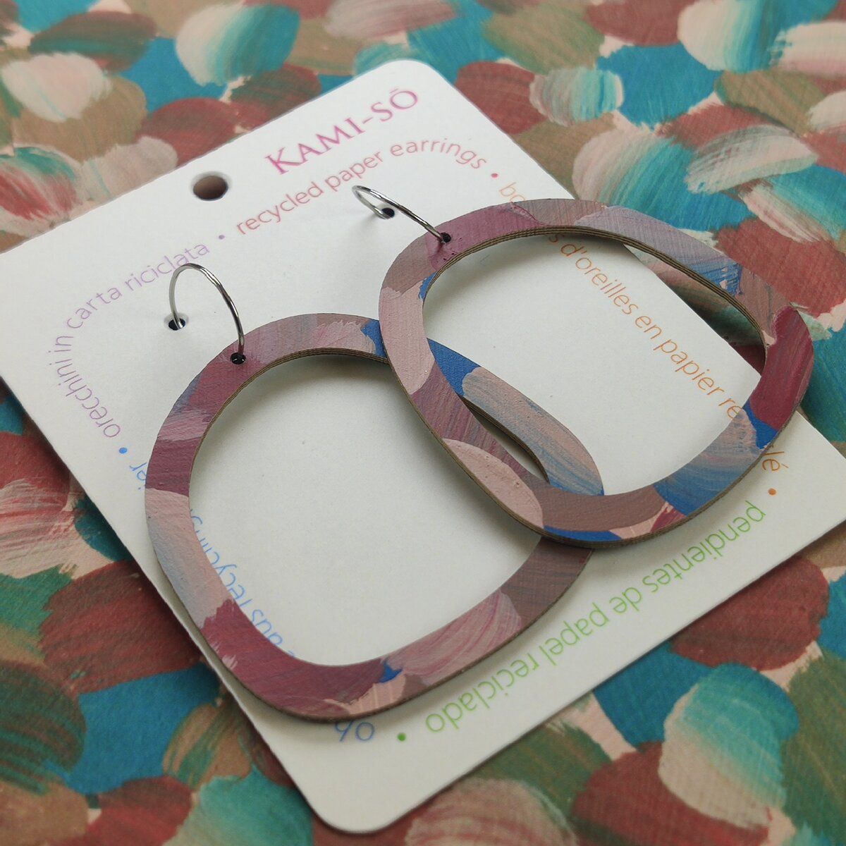 Square Recycled Paper Earrings - Brown, Maroon & Blue