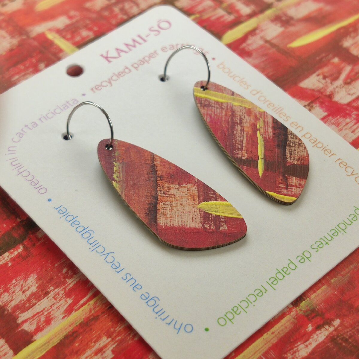 Oval Recycled Paper Earrings - Red, Brown & Yellow