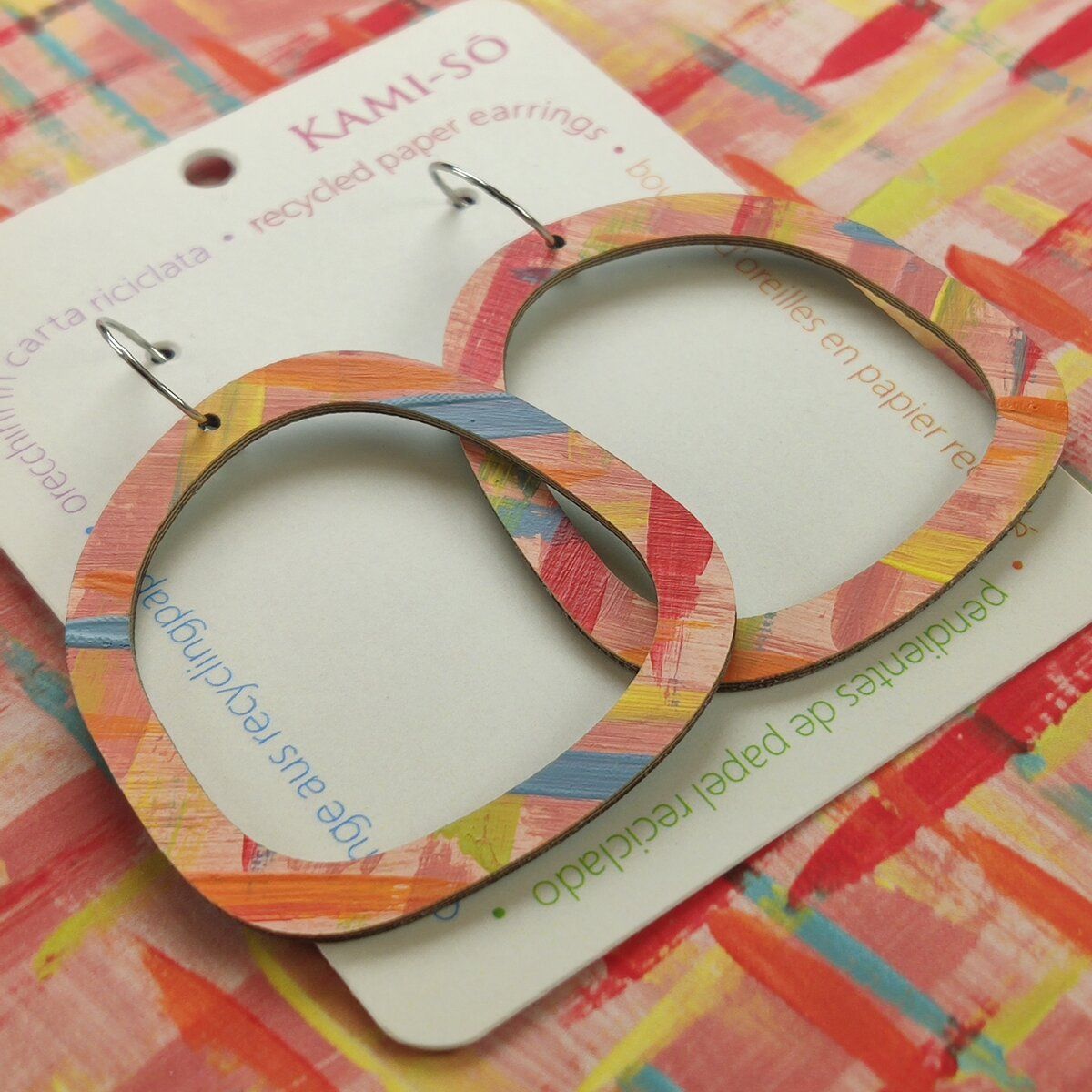 Square Recycled Paper Earrings - Apricot, Red, Blue & Yellow