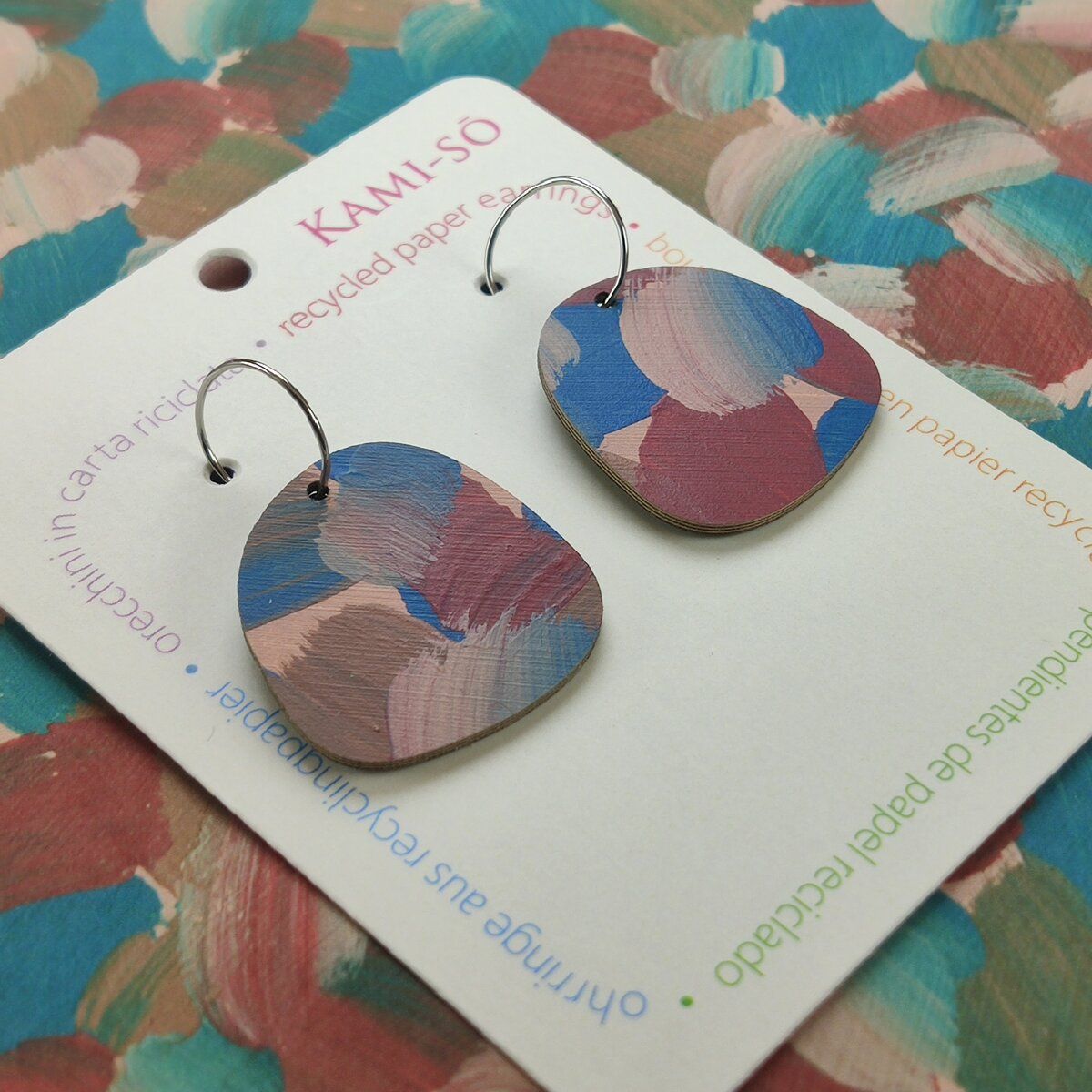 Square Recycled Paper Earrings - Brown, Maroon & Blue