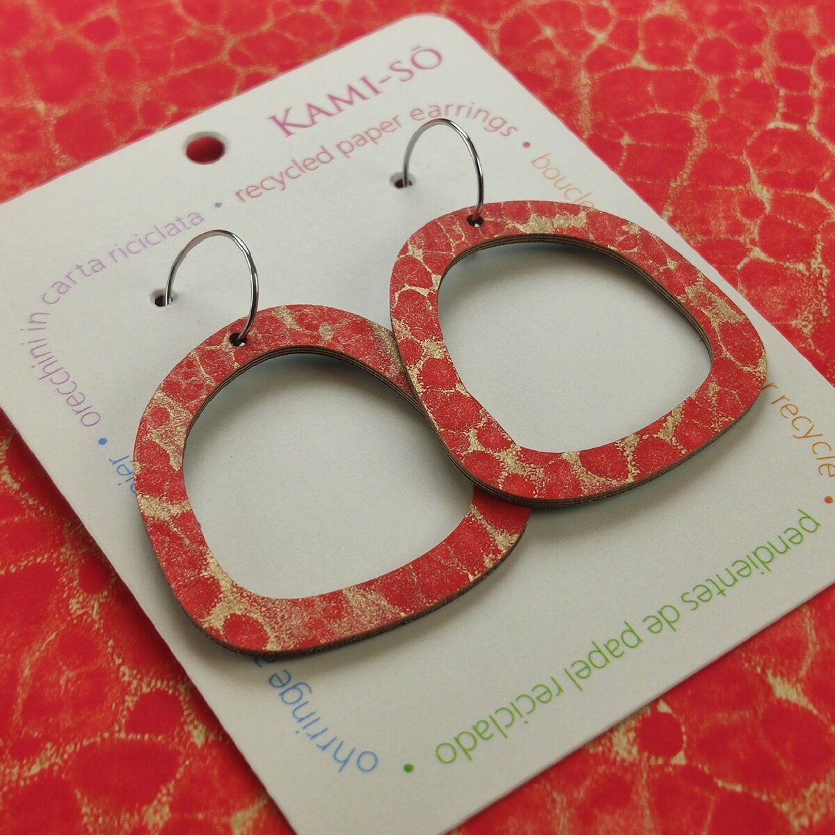 Square Recycled Paper Earrings - Red & Gold Crackle