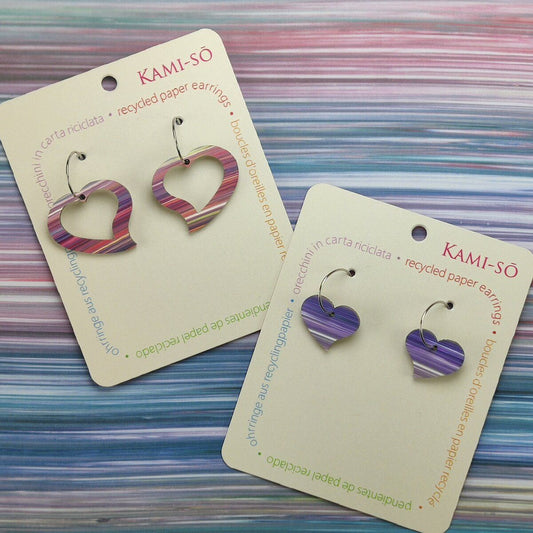 Heart Recycled Paper Earrings - Purple Stripes
