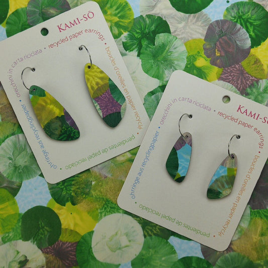 Oval Recycled Paper Earrings - Green, Plum, Blue & Gold