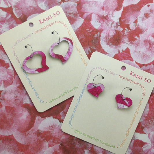 Heart Recycled Paper Earrings - Magenta & White