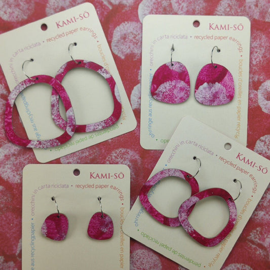 Square Recycled Paper Earrings - Magenta & White