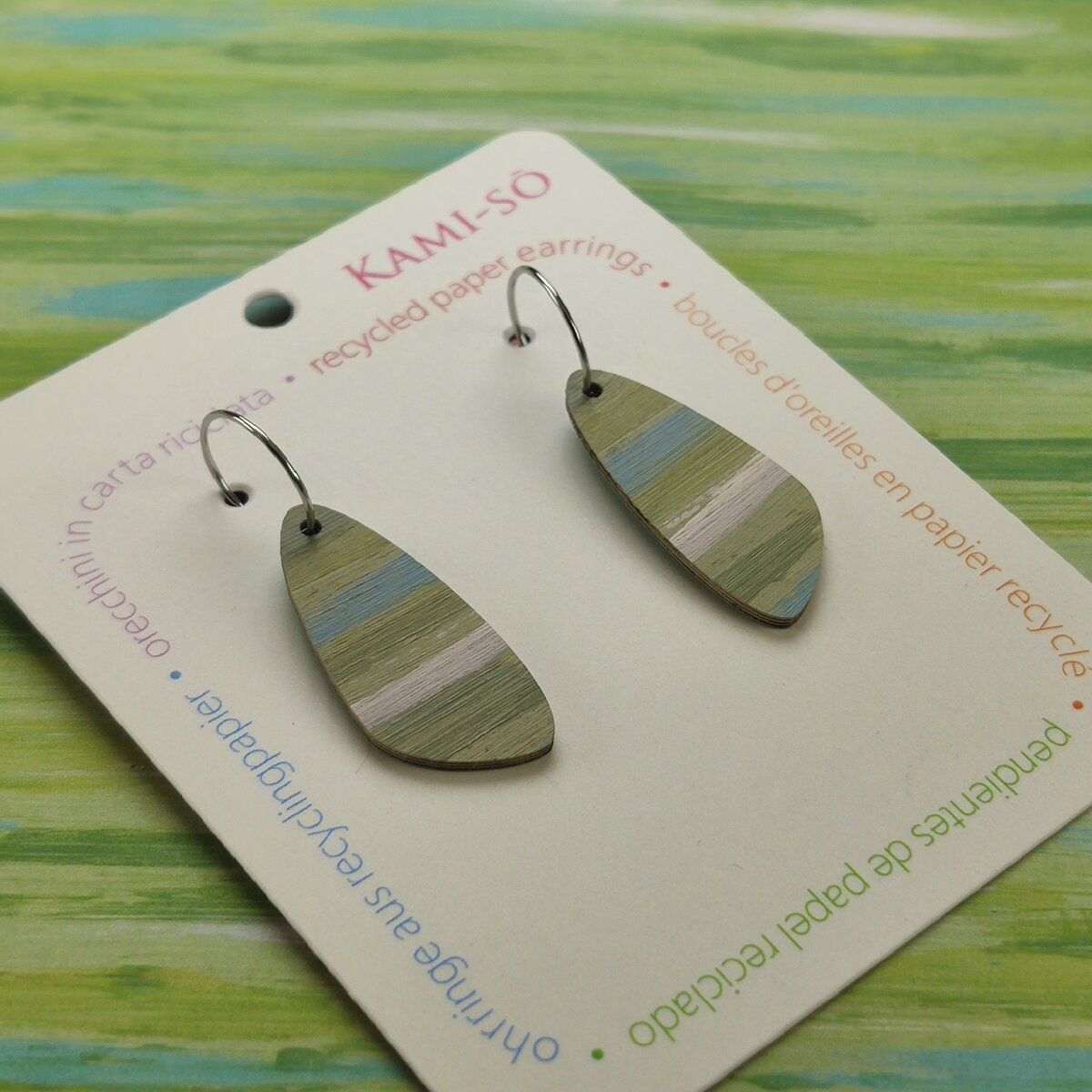Oval Recycled Paper Earrings - Khaki & BLue