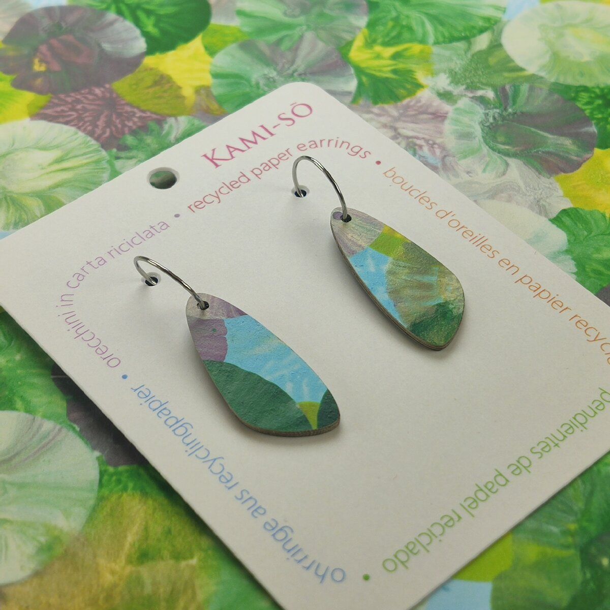 Oval Recycled Paper Earrings - Green, Plum, Blue & Gold